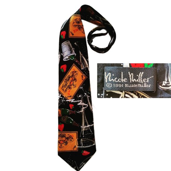 Vintage Nicole Miller Silk Tie Veuve Clicquot Champagne & Strawberries Design - Picture 1 of 6